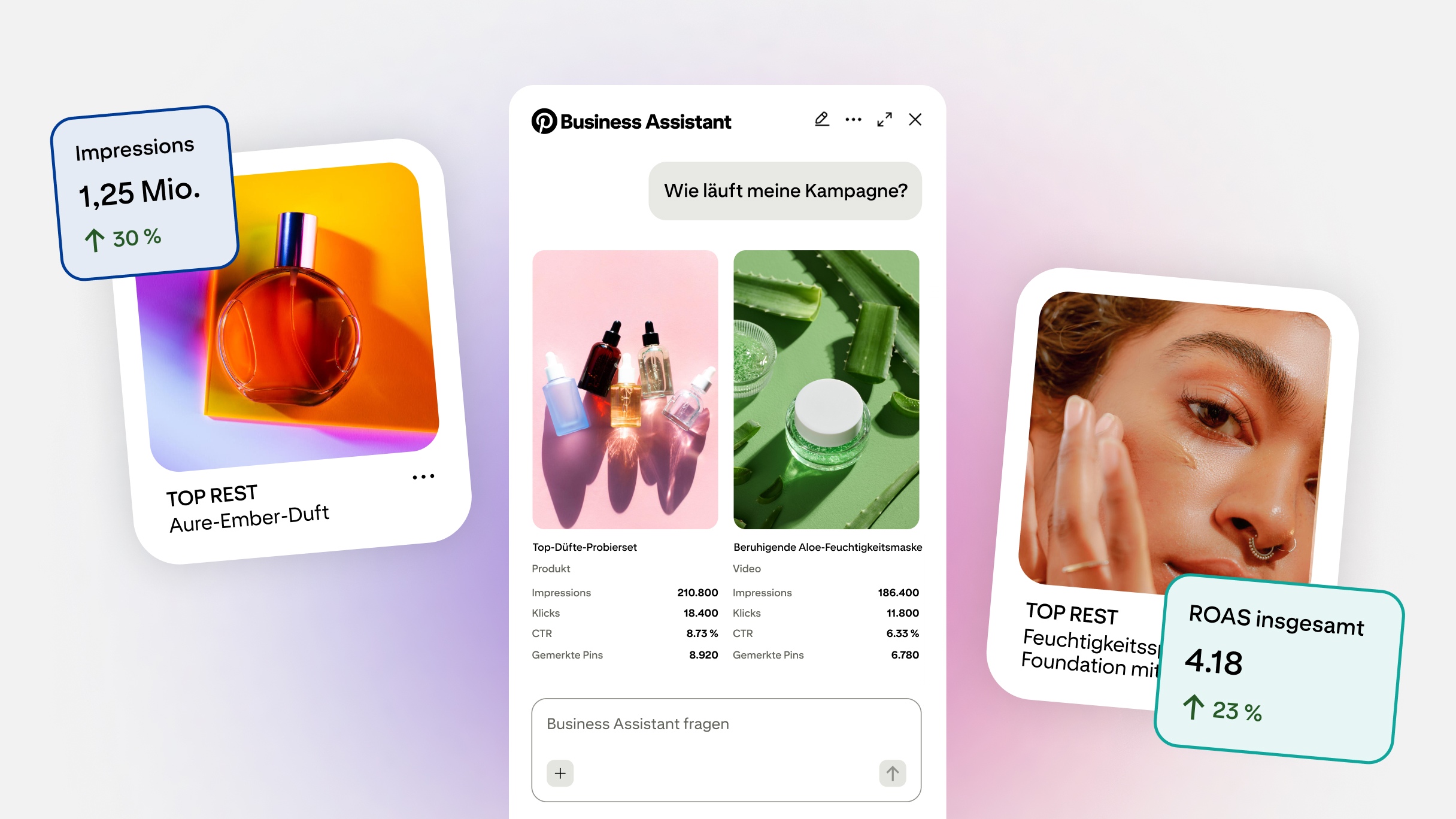 Benutzeroberfläche des Pinterest Business Assistant vor einem Hintergrund mit Farbverlauf, der Performance-Statistiken zu Beauty- und Hautpflege-Anzeigen anzeigt, einschließlich Callouts für Impressions und ROAS.