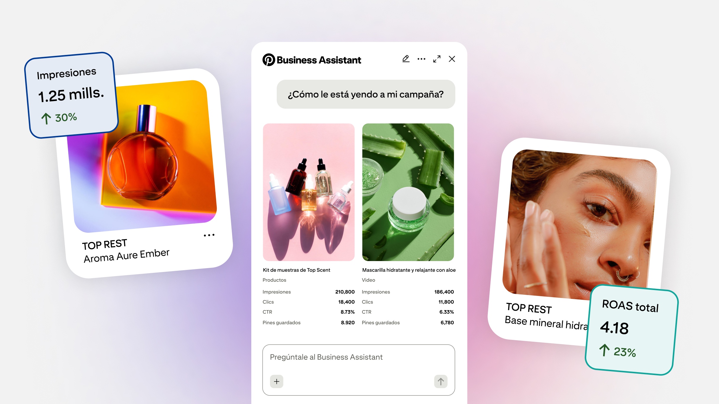 Interfaz de Pinterest Business Assistant sobre un fondo degradado que muestra estadísticas de rendimiento de anuncios de belleza y cuidado de la piel, con métricas como impresiones e indicadores de ROAS.