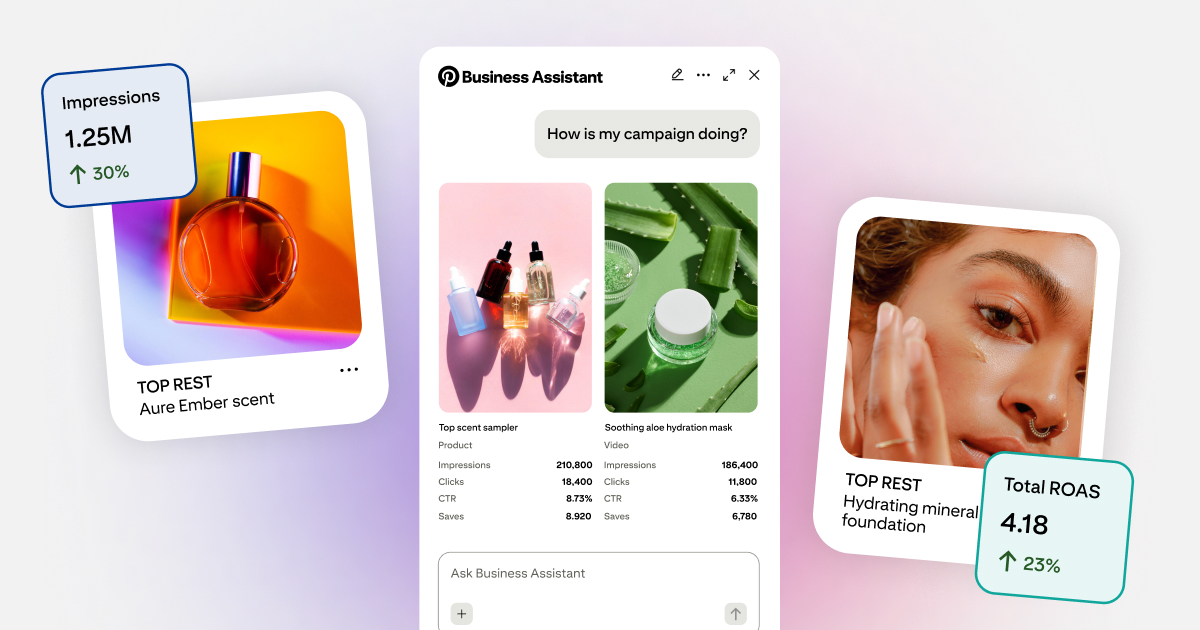 Pinterest Business Assistant interface on a gradient background, displaying performance stats for beauty and skincare ads, including impressions and ROAS callouts.