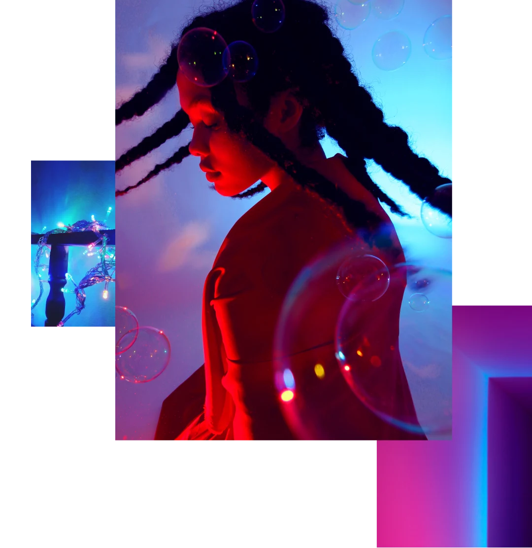 Image cluster featuring blue LED string lights wrapped around a railing, a teenage girl with long braids dancing in blue and purple mood lighting as bubbles float around her and neon pink ombré lighting around a doorway