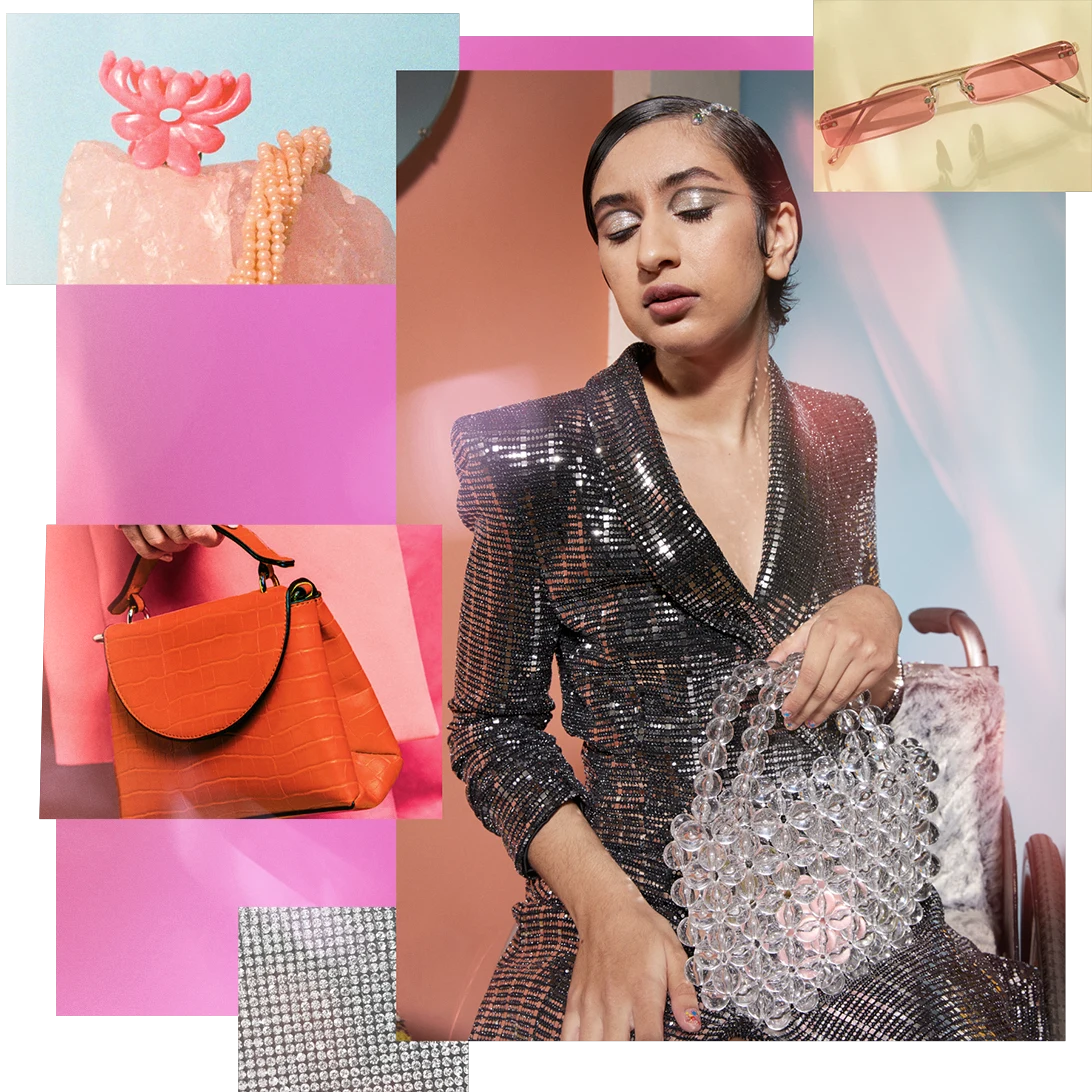 A set of images featuring accessories including hair clips, pink sunglasses and a variety of bold handbags, and a woman modelling a sequined outfit.