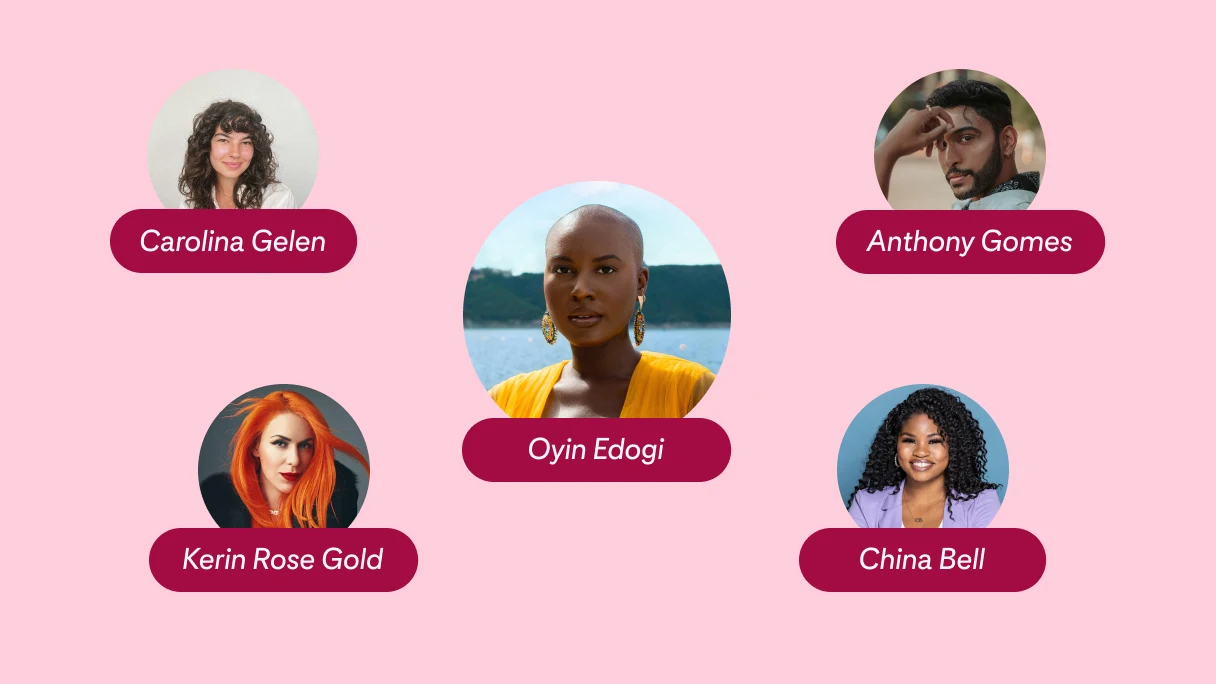 Head shots of five Pinterest creators: Carolina Gelen, Kerin Rose Gold, Oyin Edogi, Anthony Gomes and China Bell
