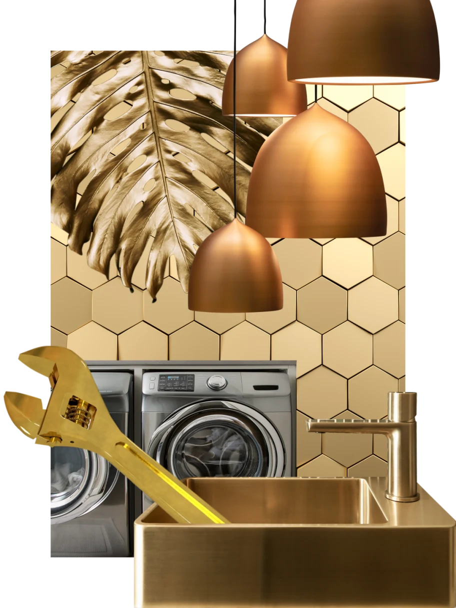 Collage of household items in golden hues. Hanging lamps in different sizes at the top.  Large leaf tendrils to the left of the lamps. Washing machine and dryer behind a large wrench in a golden sink. Honeycomb-shaped gold-tiled wall in the background. 
