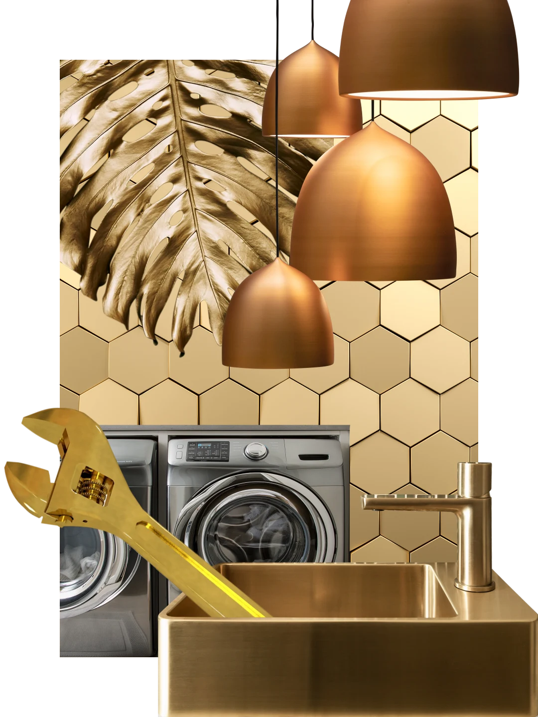 Collage of household items in golden hues. Lamps of different sizes hang down from the top, in front of large leaf tendrils. A washing machine and dryer are behind a large gold wrench in a golden sink. A wall with honeycomb-shaped tiles is in the background. 
