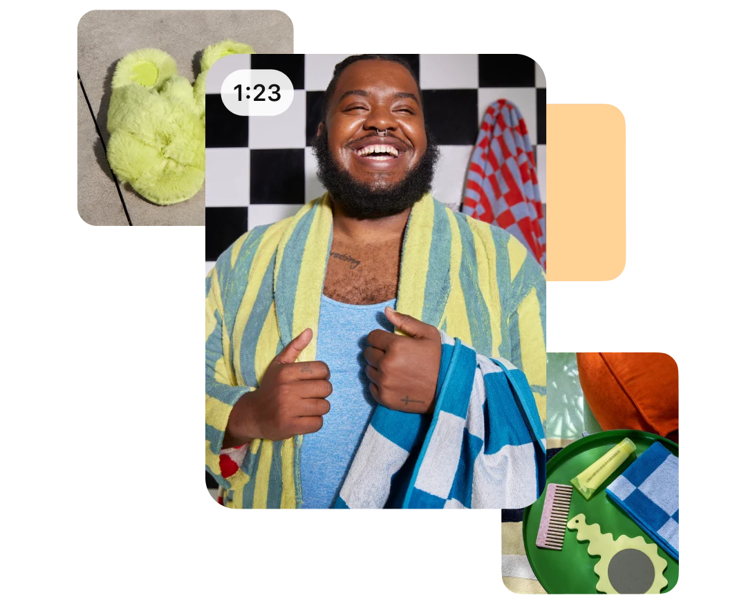 Three Pins stacked on top of one another, with the most prominent one featuring a smiling Black man posing in a striped robe.