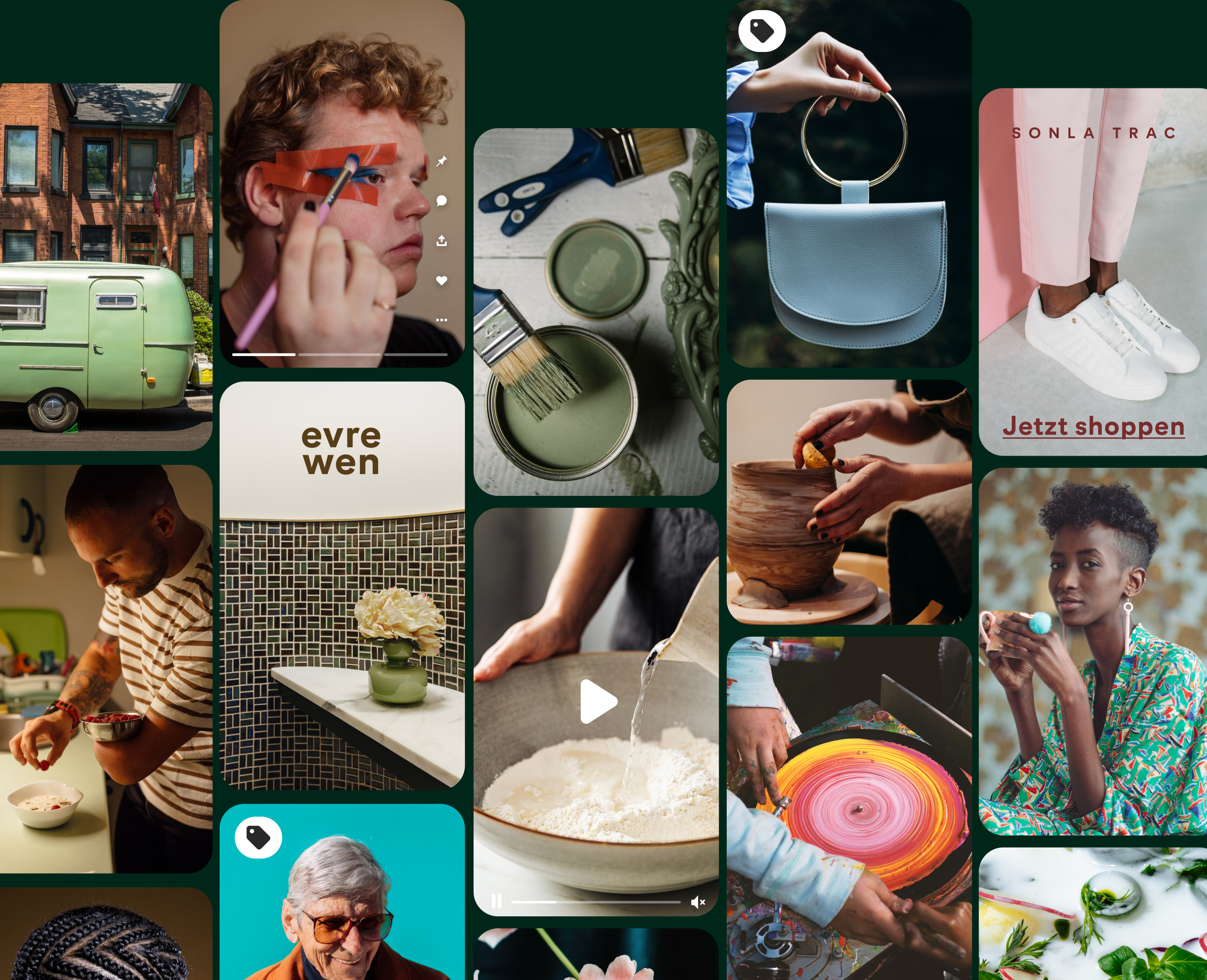 Collage aus Pins mit Menschen unterschiedlicher Altersgruppen und unterschiedlicher Herkunft, Rezeptkreationen und Mode-Looks.