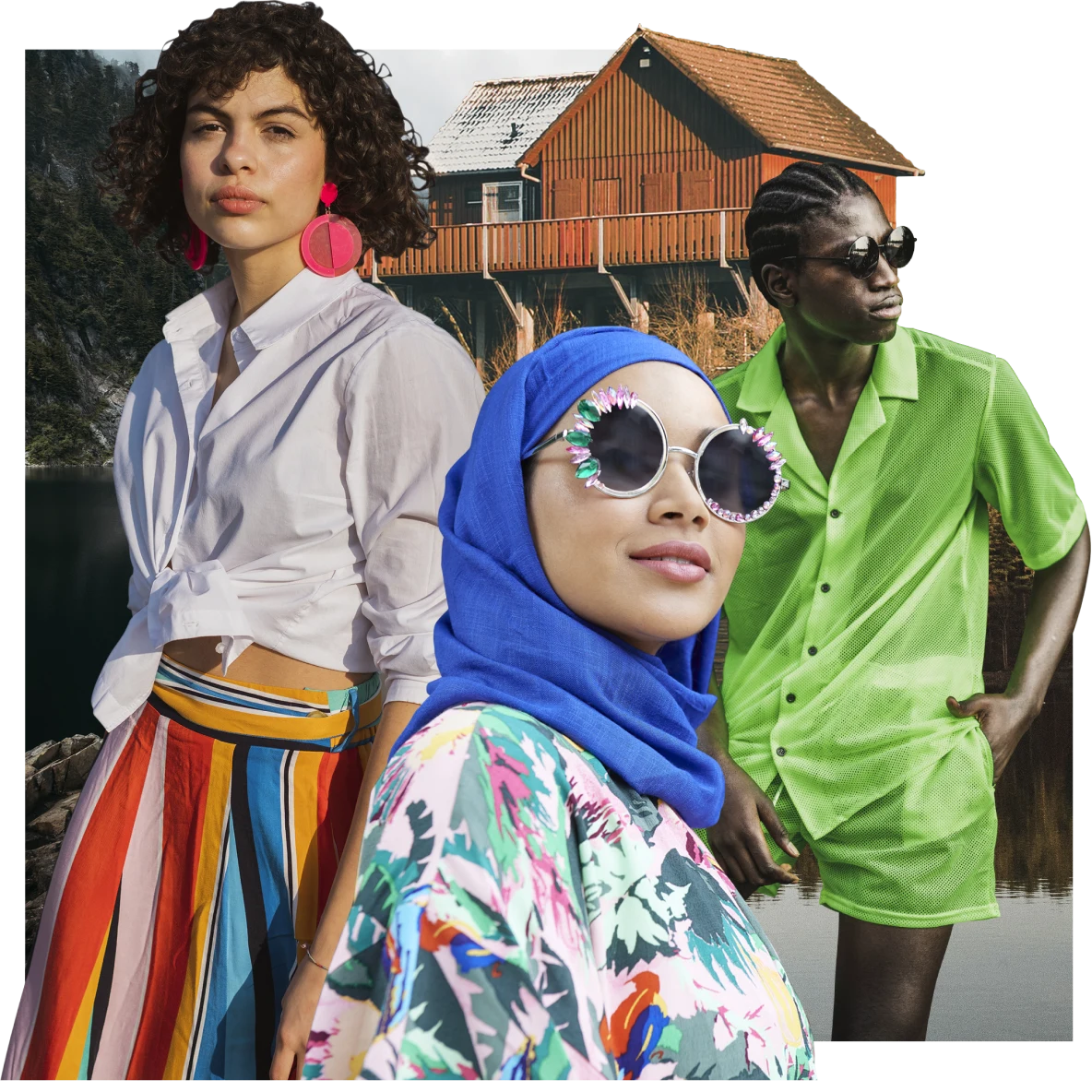 Three people sport casualwear: Latinx woman in white long-sleeved top with a rainbow skirt at left, Black man in a neon green short-sleeved top and shorts at right, Arab woman in a floral top and blue hijab and shades. Lake house in the background.