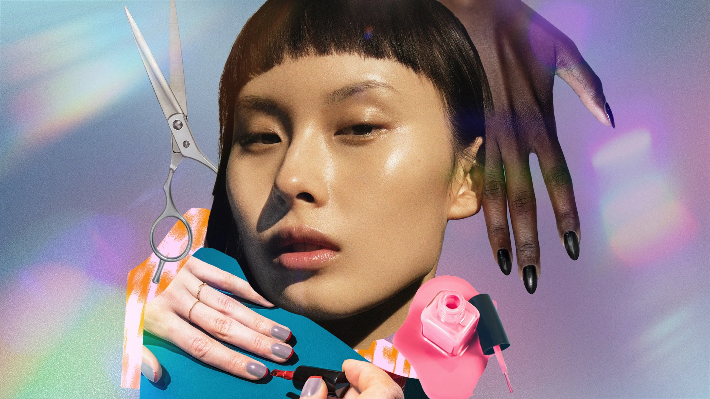 Collage de varios ejemplos de estilos de belleza micro como un flequillo corto en una mujer asiática, manicuras cortas en dos juegos de manos diferentes y tijeras para el cabello colocadas artísticamente. 