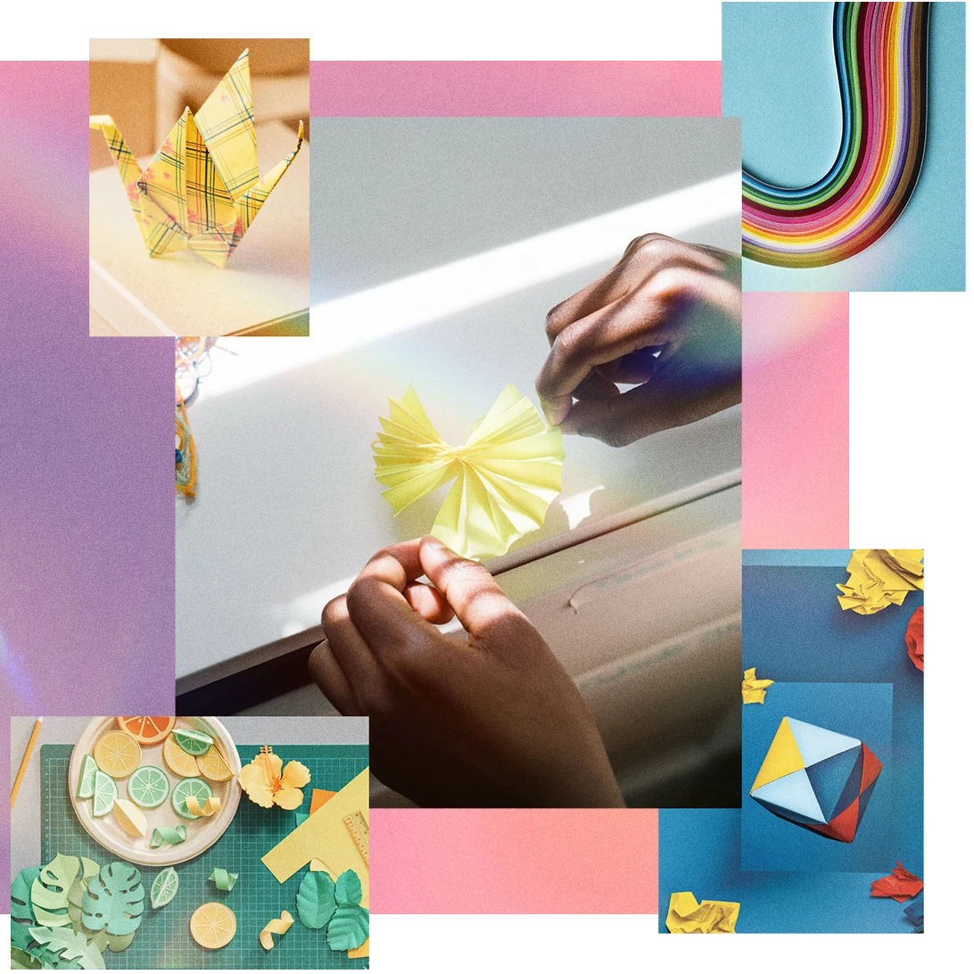 Variety of images depicting fruit- and leaf-shaped paper cut-outs, a rainbow of colourful paper and young hands doing paper crafts and origami.