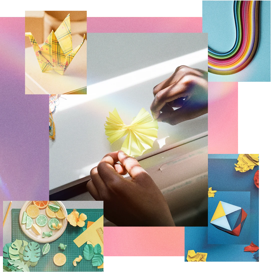 Variety of images depicting fruit- and leaf-shaped paper cut outs, a rainbow of colorful paper, young hands doing paper crafts and origami.