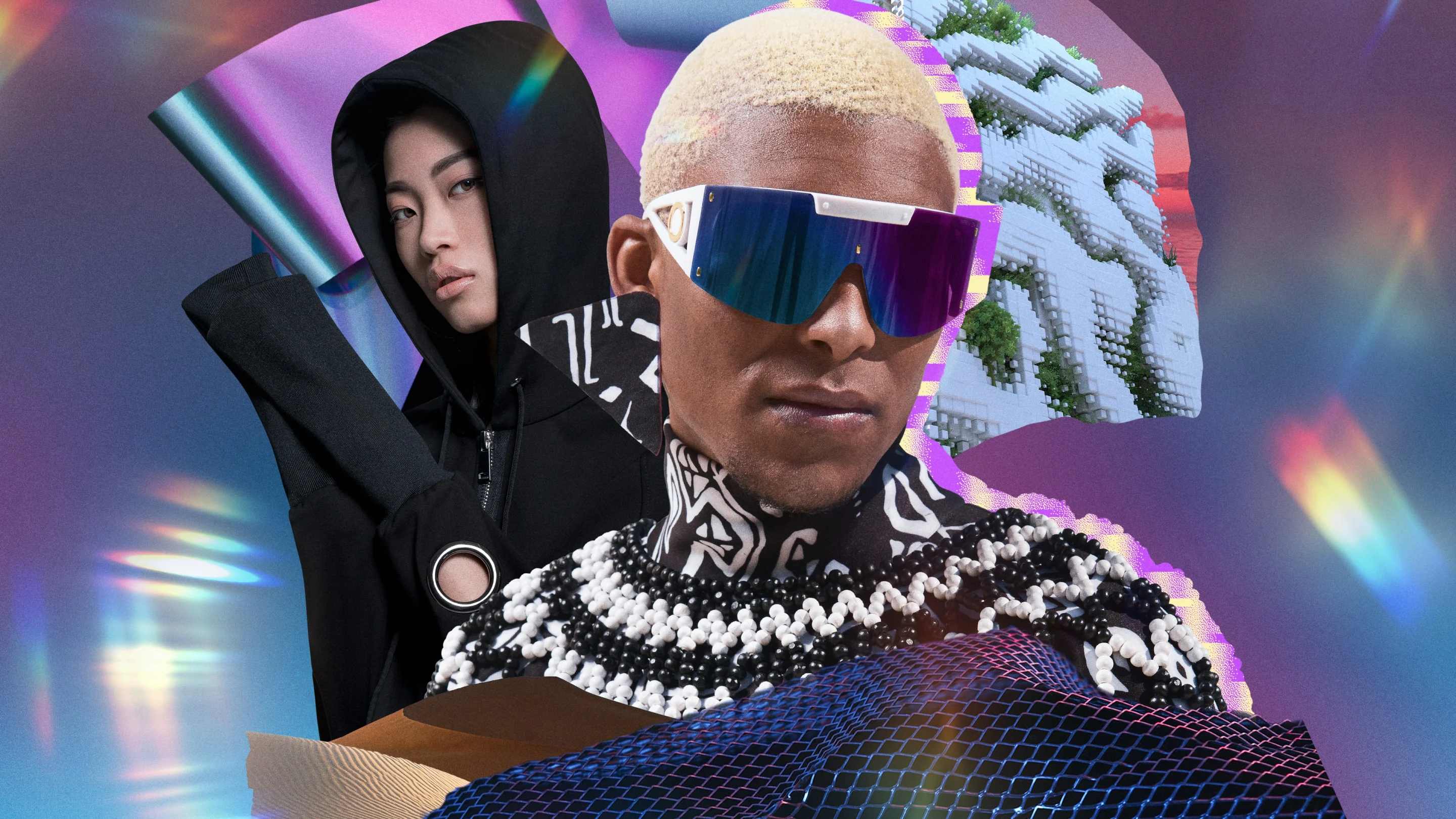 A futuristic collage featuring an Asian woman and a Black man wearing various interpretations of this galactic, dystopian style trend.