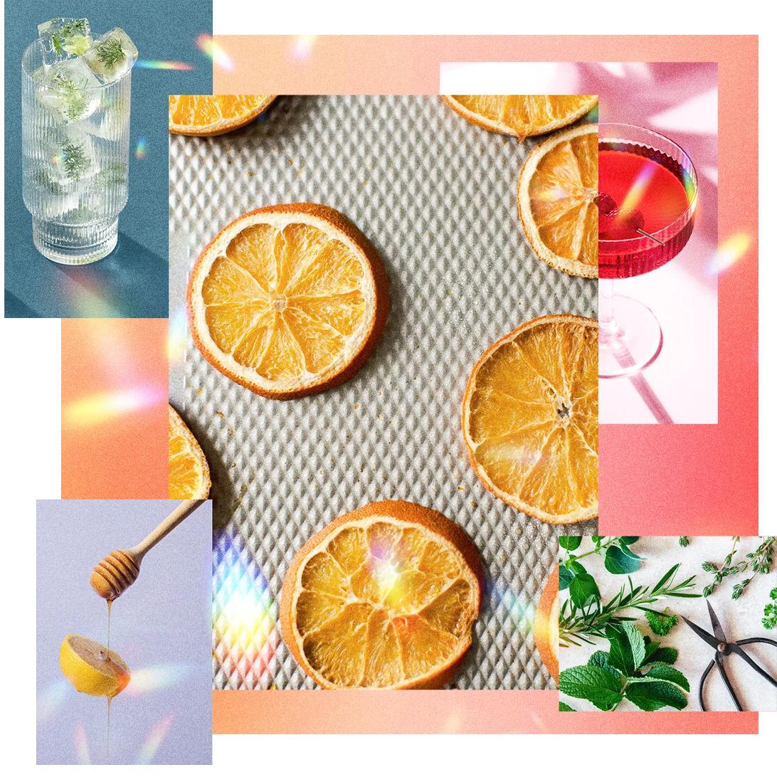 Set of five images showing dehydrated citrus fruit slices, various herb garnishes, a red cocktail, a glass of ice cubes and a honey dipper pouring honey on a slice of fruit.