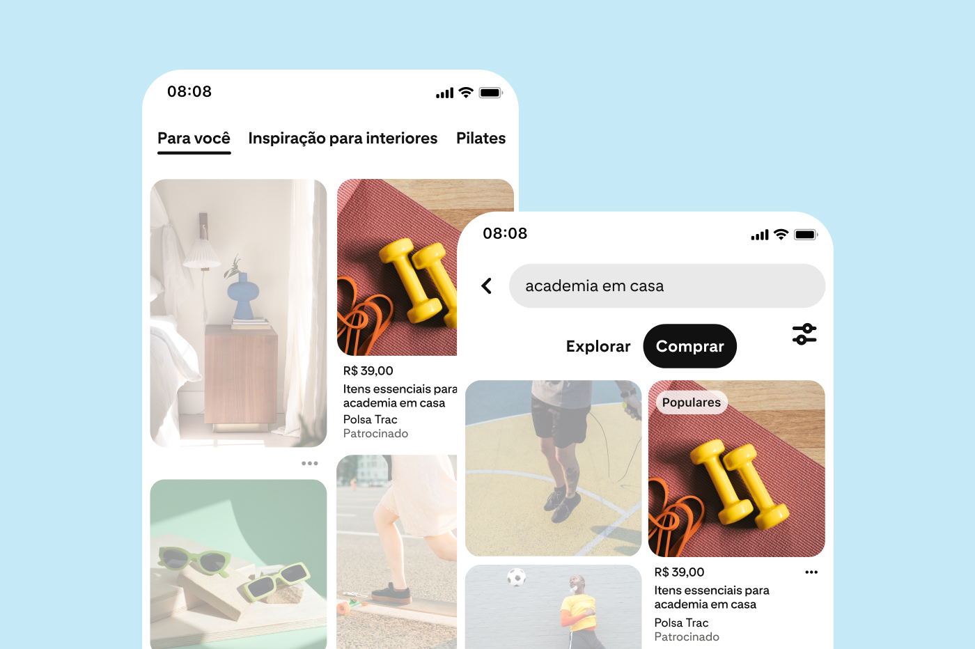 Duas telas de celular mostram o Pinterest. O feed inicial à esquerda exibe categorias como "Pra você", "Inspiração para interiores" e "Pilates", com imagens de decoração e treino. O feed de busca à direita exibe o termo "academia em casa" e os resultados.