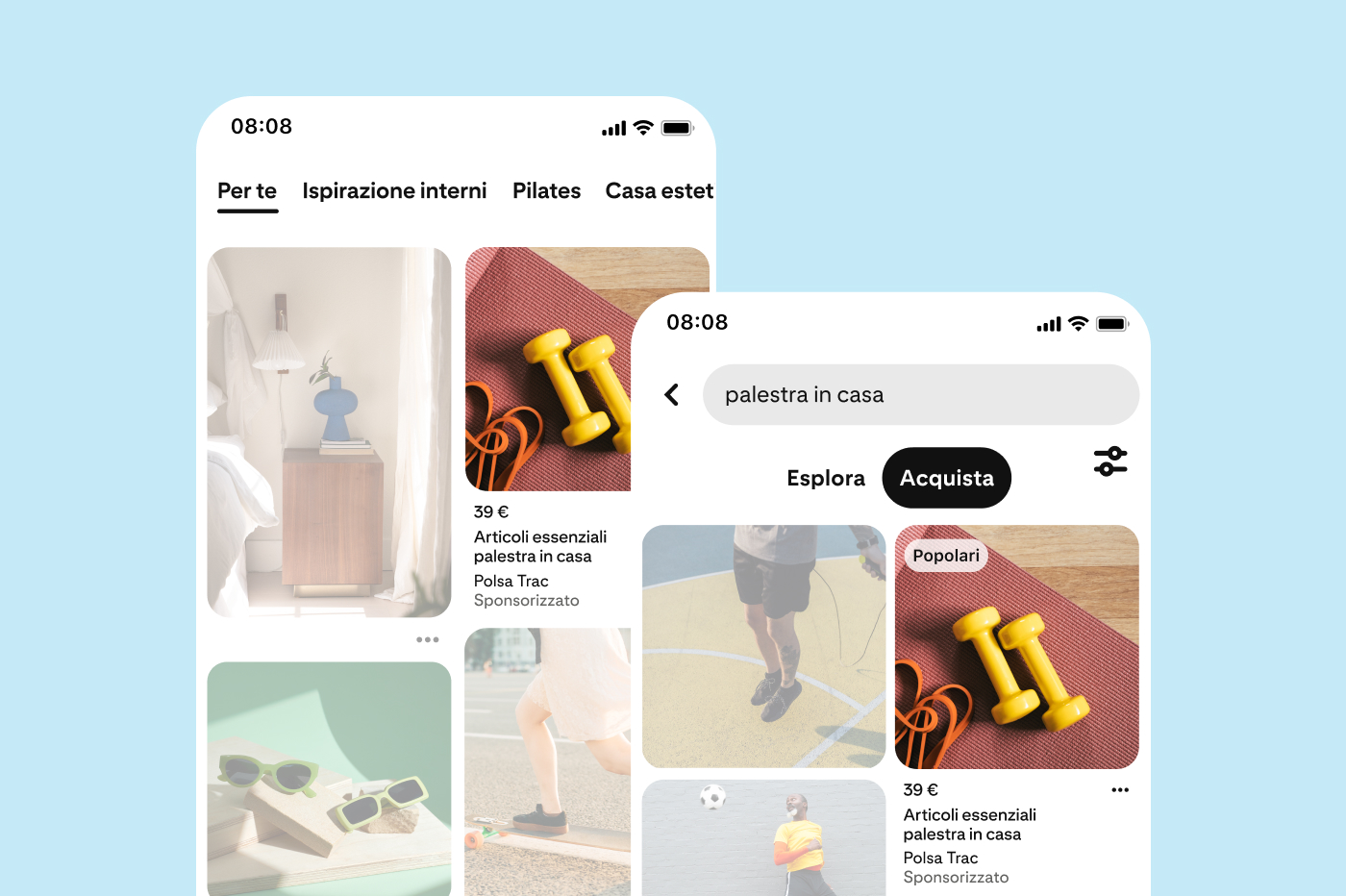 Due schermi di dispositivo mobile mostrano Pinterest. Il feed a sinistra riporta le categorie "Per te", "Ispirazione interni", "Pilates" con immagini di arredi e attrezzi da palestra. A destra si vede la ricerca "palestra in casa" e i relativi risultati.