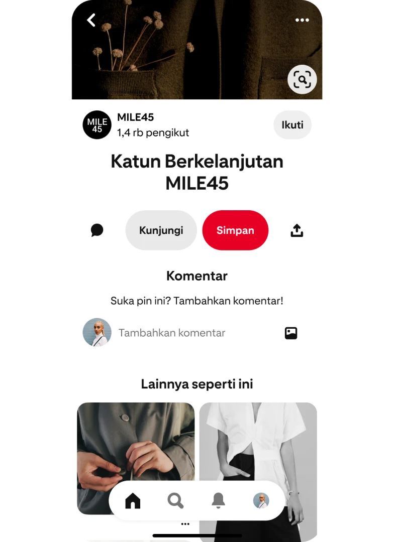 Tampilan seluler aplikasi Pinterest yang menampilkan fitur Pin Terkait berjudul "Lainnya seperti ini" di bawah tampilan terfokus dari pin Katun Berkelanjutan MILE 45.