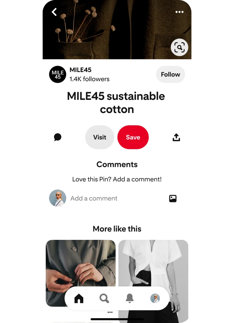 'MILE45 지속 가능한 순면' 핀의 포커스 뷰 아래로 "유사한 핀 더 보기"라는 제목의 관련 핀 기능이 표시된 Pinterest 앱 모바일 뷰.