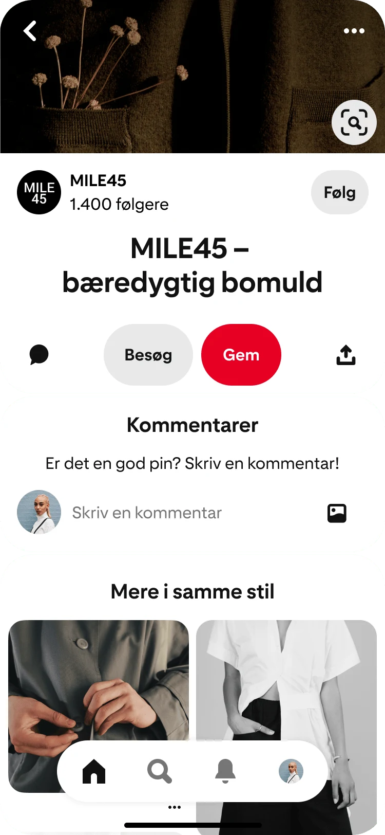 Mobilvisning af Pinterest-appen med Relaterede pins med titlen "Mere i samme stil" under en fokuseret visning af en pin med MILE 45 – bæredygtigt bomuld.