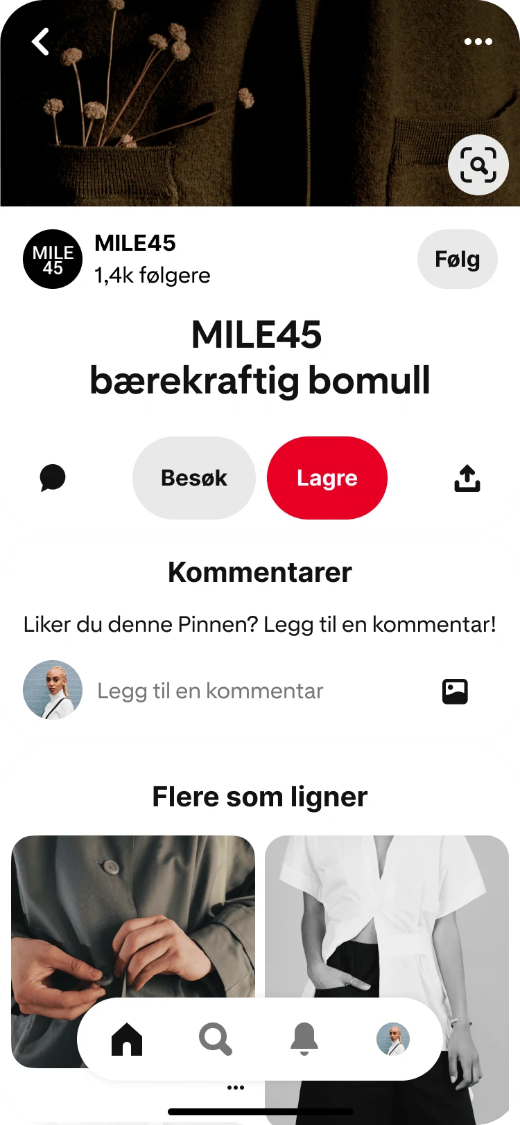 Mobilvisning av Pinterest-appen som viser funksjonen Relaterte Pins med tittelen «Flere som ligner» under en fokusert visning av Pin med bærekraftig MILE 45-bomull.