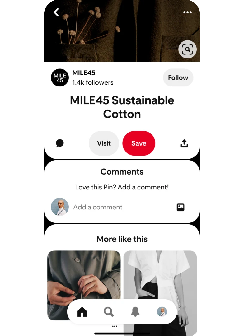 Mobile view of the Pinterest app showing the Related Pin feature, titled ‘More like this’, below a focused view of a MILE45 ‘Sustainable Cotton’ pin.
