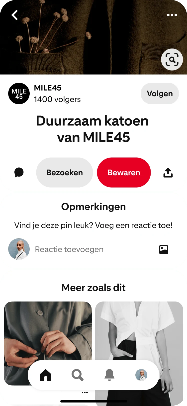 Mobiele weergave van de Pinterest-app met de functie 'Gerelateerde pins' en de titel 'Meer zoals dit' onder een uitgelichte pin van MILE 45 Sustainable Cotton.