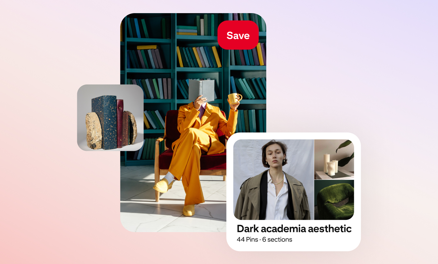 A Pin of someone in a yellow suit with a large bookshelf behind them, an image of books, and a board called “Dark academia aesthetic”.