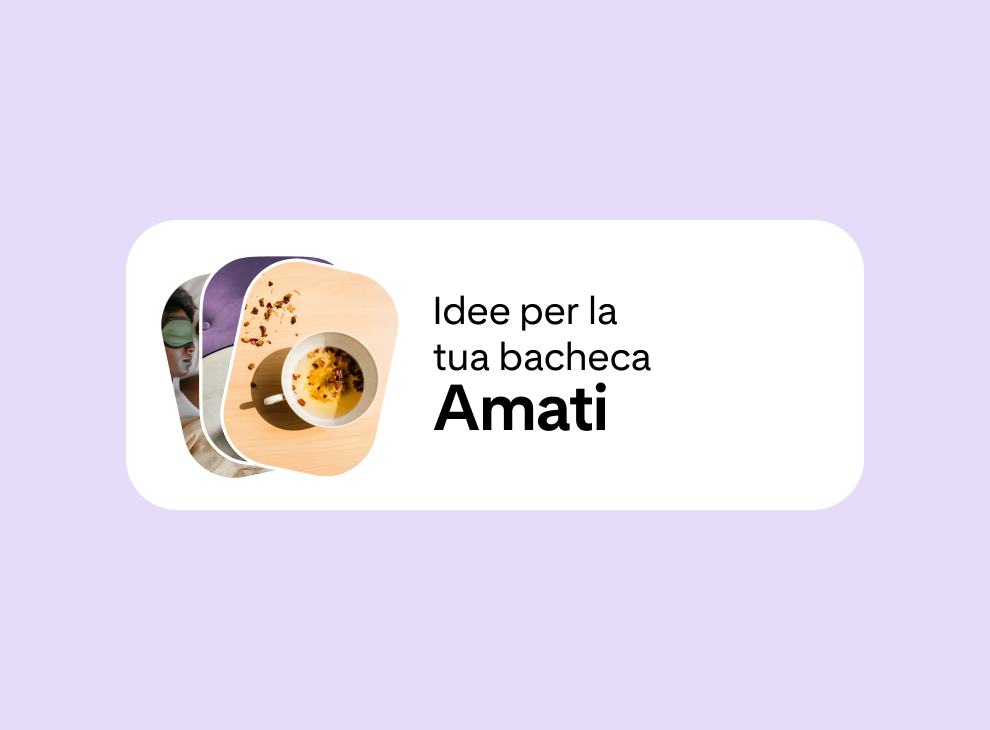 Un riquadro con il suggerimento di una bacheca intitolato "Idee per la tua bacheca: prenditi cura di te" al centro di uno sfondo lilla.