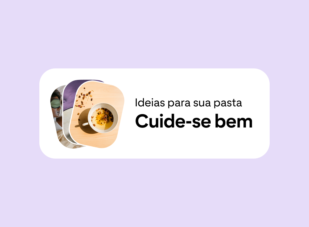 Uma caixa de sugestões de pastas com o texto "Ideias para sua pasta: Amor próprio" centralizado em um plano de fundo roxo claro.