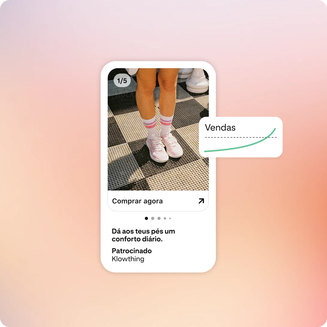 Um anúncio em carrossel dá destaque a um par de ténis rosa. Ao lado, há um gráfico de linhas a indicar o crescimento das vendas.