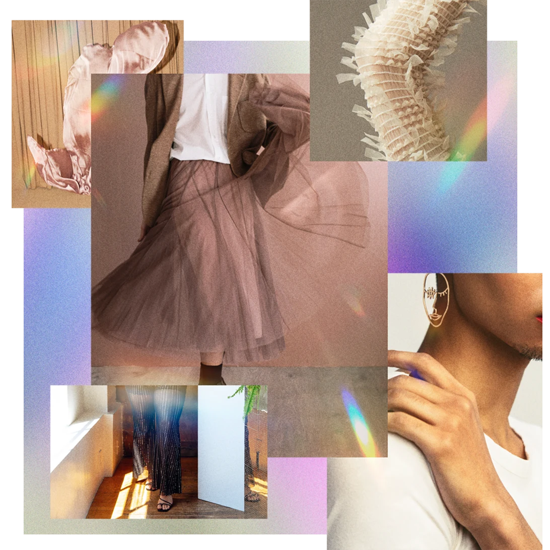 Collage etéreo que presenta a tres personas de varias razas e identidades de género adornadas con ropa sensual, brillante, fluida y agnóstica de género.