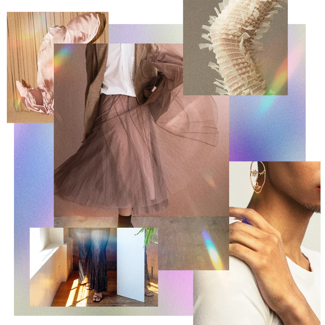 Ethereal collage featuring three people of various races and gender identities adorned in sensual, sparkly, free-flowing and gender agnostic clothing.