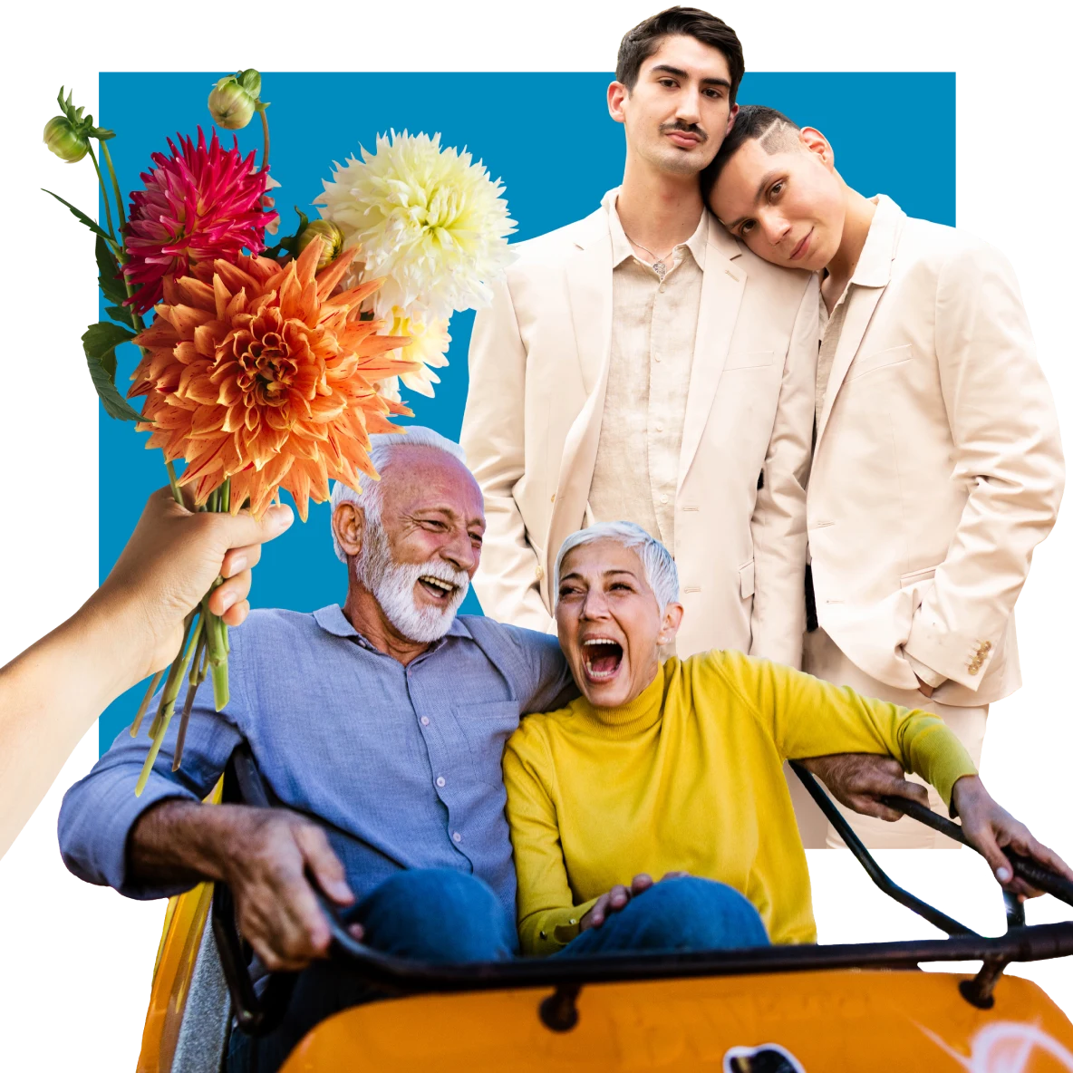 Two pairs of people. White man and Asian man in tan suits at right, one with his head on the other’s shoulder. White hand holds a bouquet of orange flowers at left. Older white man and woman ride in an orange rollercoaster car in the foreground.

