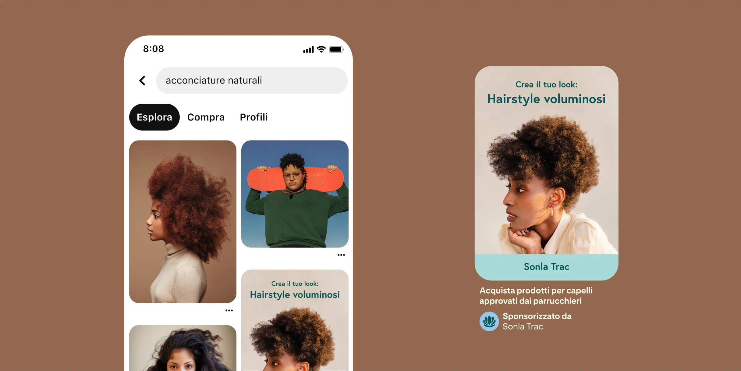 Pinterest search results for natural hairstyles. Black women with different skin tones. Red, black, dark brown and blonde hair. Brown and gray backdrops at left. Woman holds an orange skateboard. Pin of a Black woman with brown natural hairstyle, in front of a brown background. Text reads get the look: high-puff hairstyles, Sonla Trac. Description reads shop salon-approved hair products.
