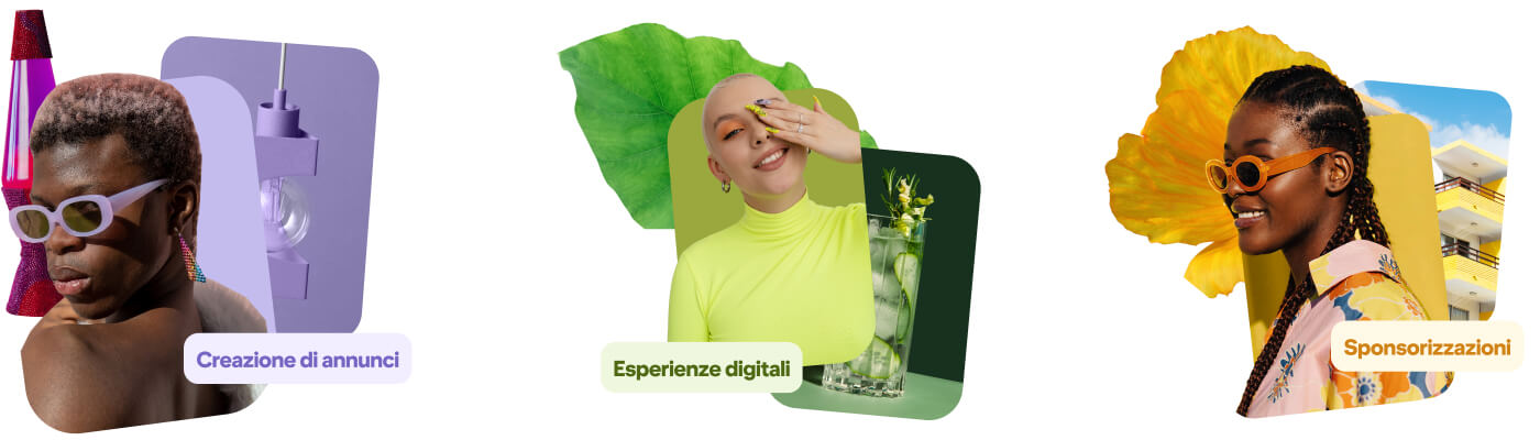 Tre collage illustrano i principali servizi di Pinterest Brand Studio con diversi sfondi cromatici e articoli estetici