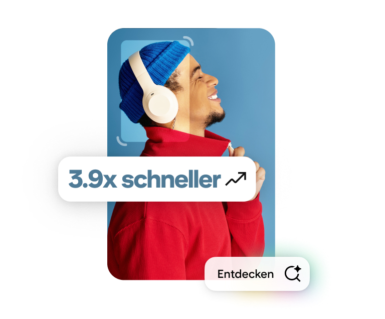 A Pin showing a man wearing a blue hat and white headphones. The words “3.9X faster” and “explore” also appear overlaid. 