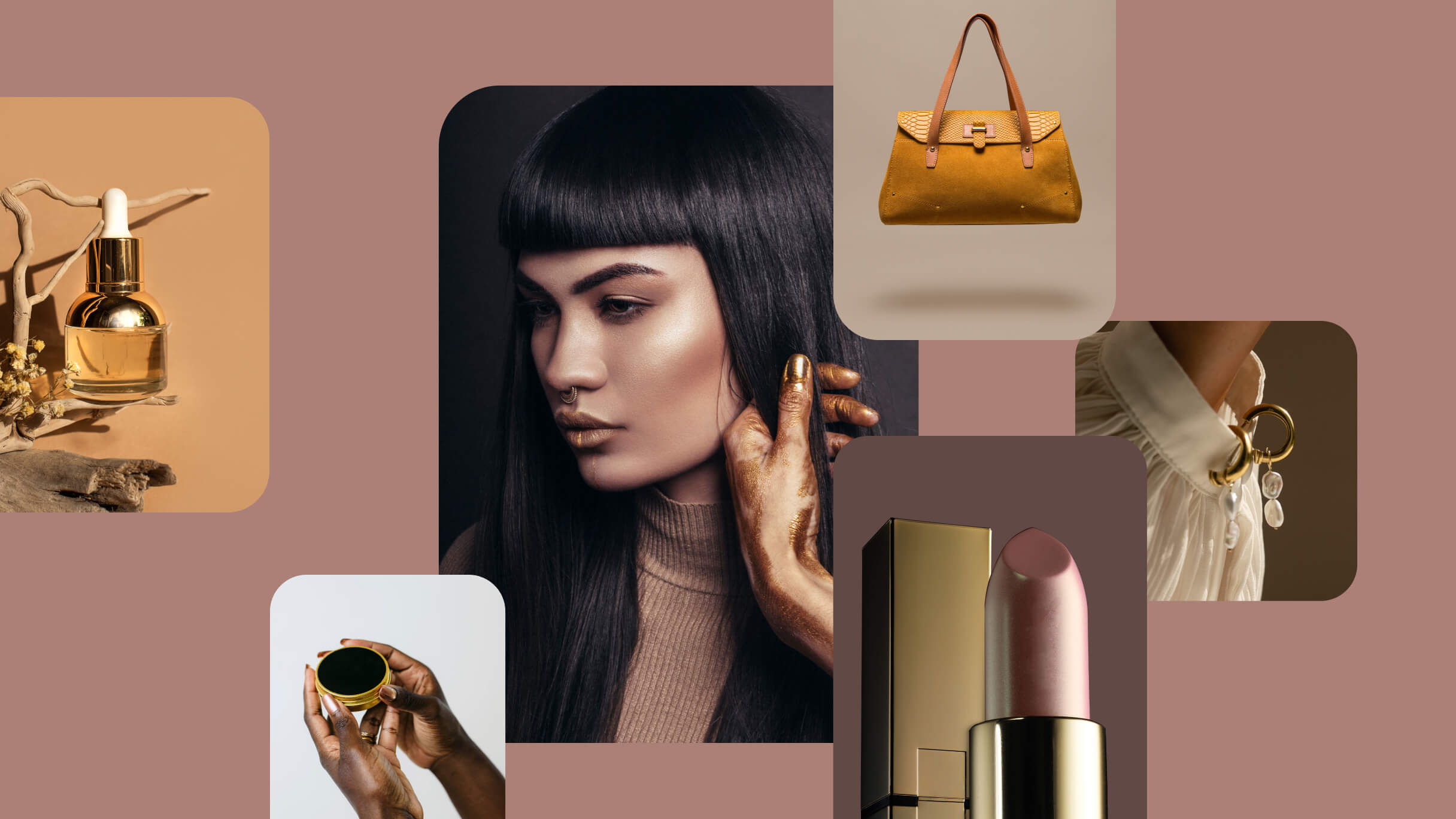 Una selección de Pines de Pinterest en la que se muestran artículos de moda para mujer de lujo, como ropa, joyas, maquillaje y bolsos en diferentes tonos de dorado, rosado, cobre y malva.