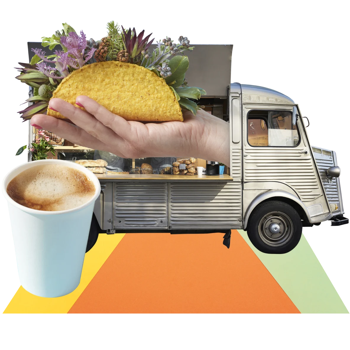 Eine Collage mit Geschäftsideen. Eine Hand, die eine Taco-Schale hält, aus der Blumen wachsen. Ein silberner Essenswagen im Hintergrund, der geöffnet hat. Links ein hellblauer Pappbecher mit schaumigem Kaffee.