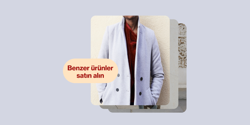 Üst üste dizilmiş üç Pin; üstteki Pinde açık mavi bir blazer ceket giymiş, kameraya poz veren Siyahi bir adam, solda bir "Benzer ürünler satın alın" düğmesi yer alıyor.