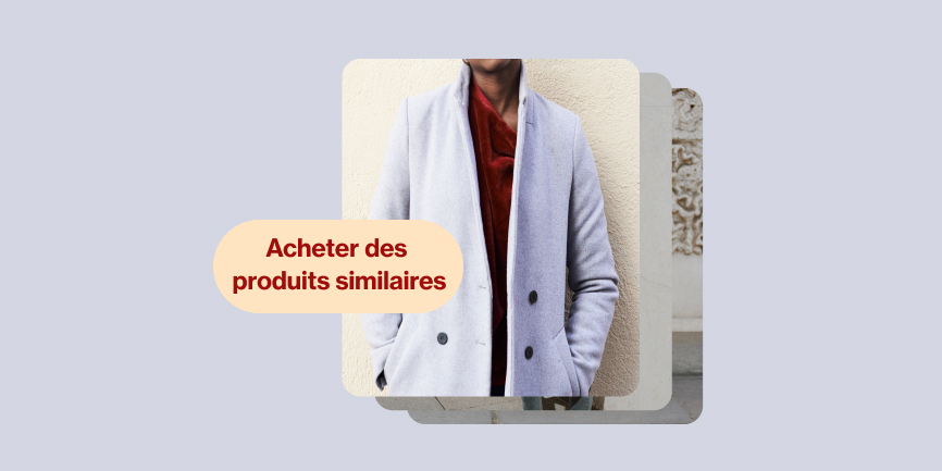 Trois Épingles superposées, celle du dessus représente un homme noir vêtu d’un blazer bleu clair qui prend la pose devant la caméra. Le bouton « Acheter des produits similaires » se trouve à gauche.