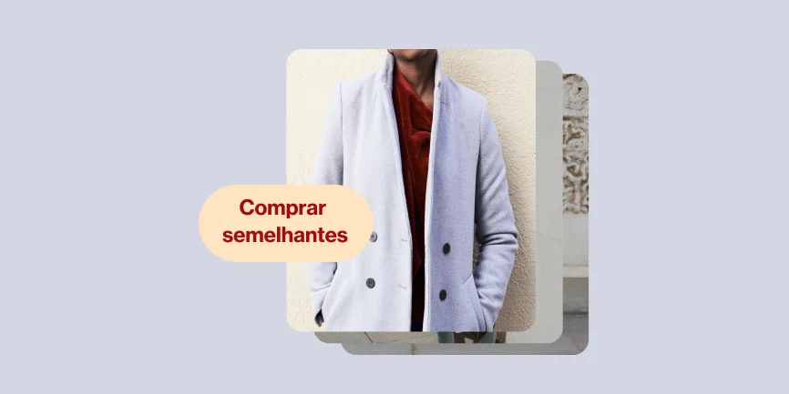 Três Pins sobrepostos: o que está em evidência mostra um homem negro usando um blazer azul-claro posando para a câmera, com um botão "Comprar semelhantes" à esquerda.