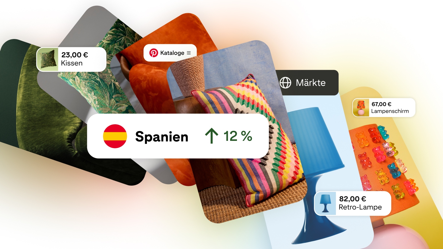 A collage of Pinterest product Pins featuring home décor items — a cushion (€23), lampshade (€67) and retro lamp (€82) — overlaid with Pinterest Catalogues and Markets interface labels, and a callout showing 12% growth in Spain.
