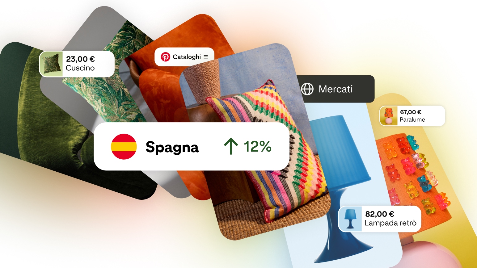 A collage of Pinterest product Pins featuring home décor items — a cushion (€23), lampshade (€67) and retro lamp (€82) — overlaid with Pinterest Catalogues and Markets interface labels, and a callout showing 12% growth in Spain.