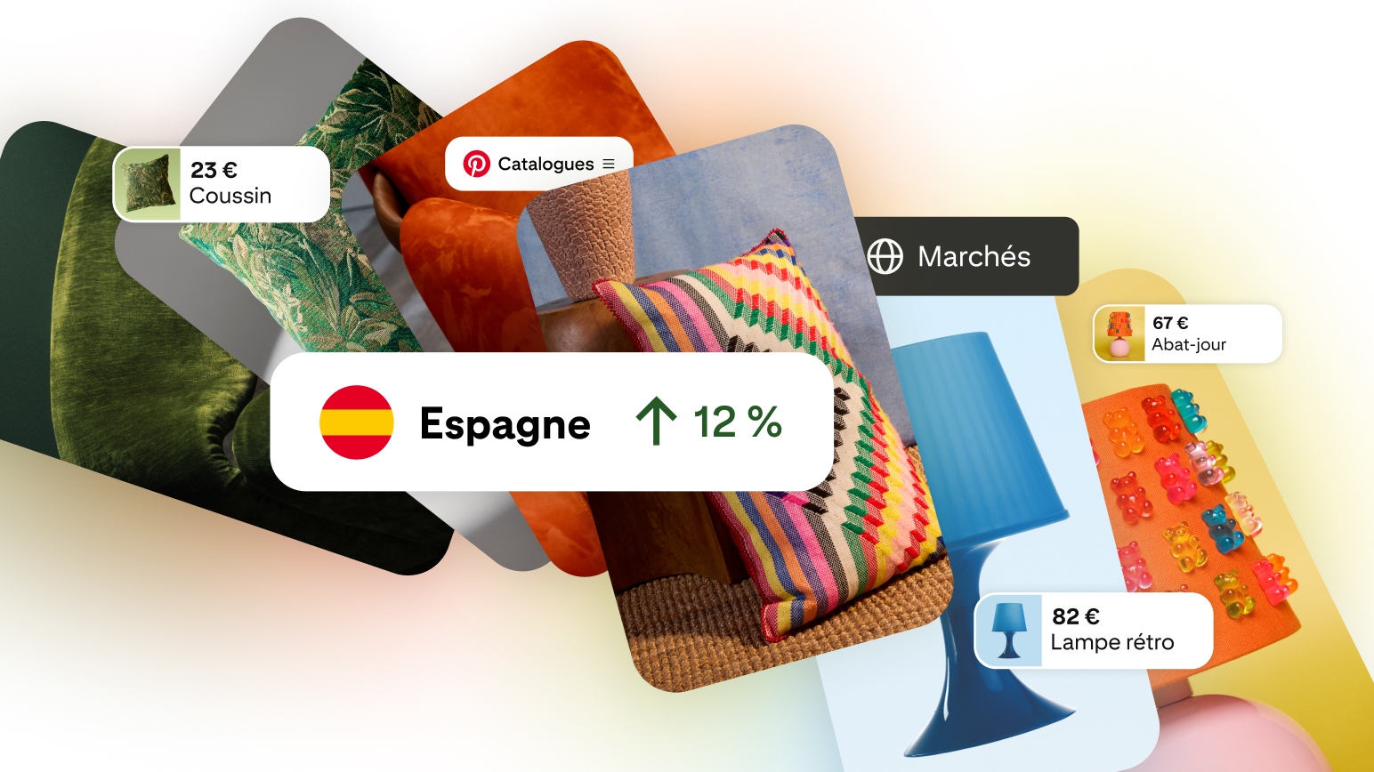 A collage of Pinterest product Pins featuring home décor items — a cushion (€23), lampshade (€67) and retro lamp (€82) — overlaid with Pinterest Catalogues and Markets interface labels, and a callout showing 12% growth in Spain.
