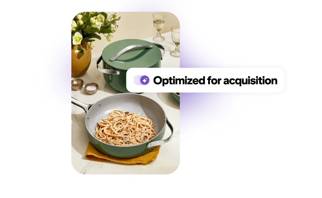 Green pot and pan with spaghetti on a table, with an 'Optimized for acquisition' toggle label.