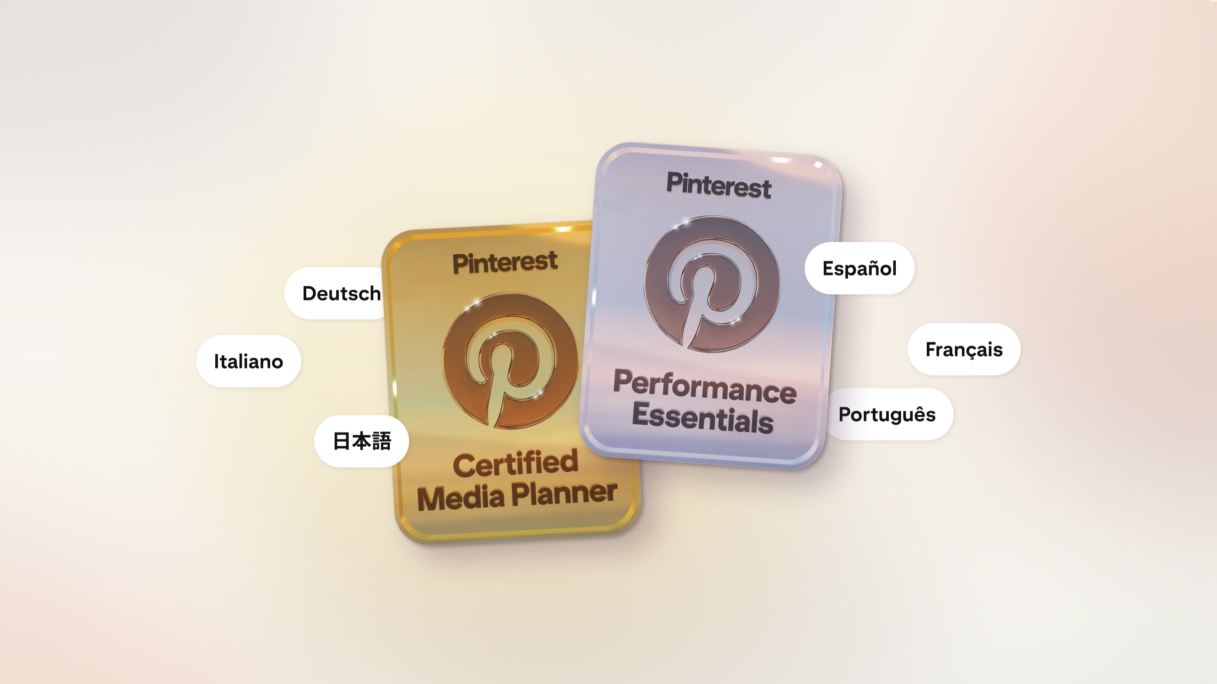 O selo dourado da nova certificação Pinterest Media Planner e o selo prateado da certificação Pinterest Performance Essentials, em seis novos idiomas.
