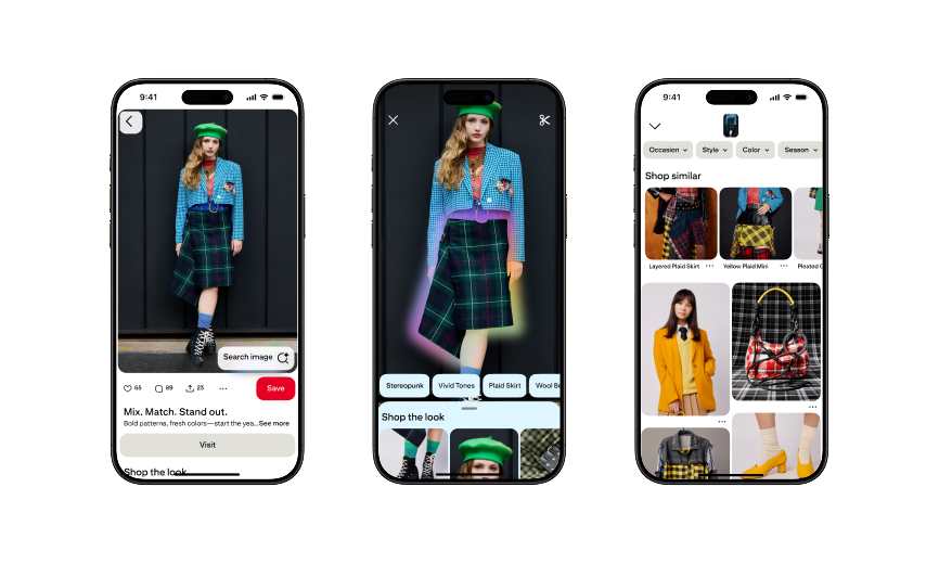Three phone screens showing a Pin of an outfit and different ways to search and shop the look on Pinterest.