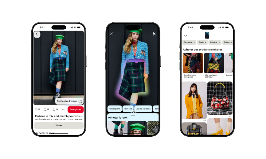 Trois écrans de téléphone montrant une Épingle qui présente une tenue et différentes manières de rechercher et d’acheter le look correspondant sur Pinterest.