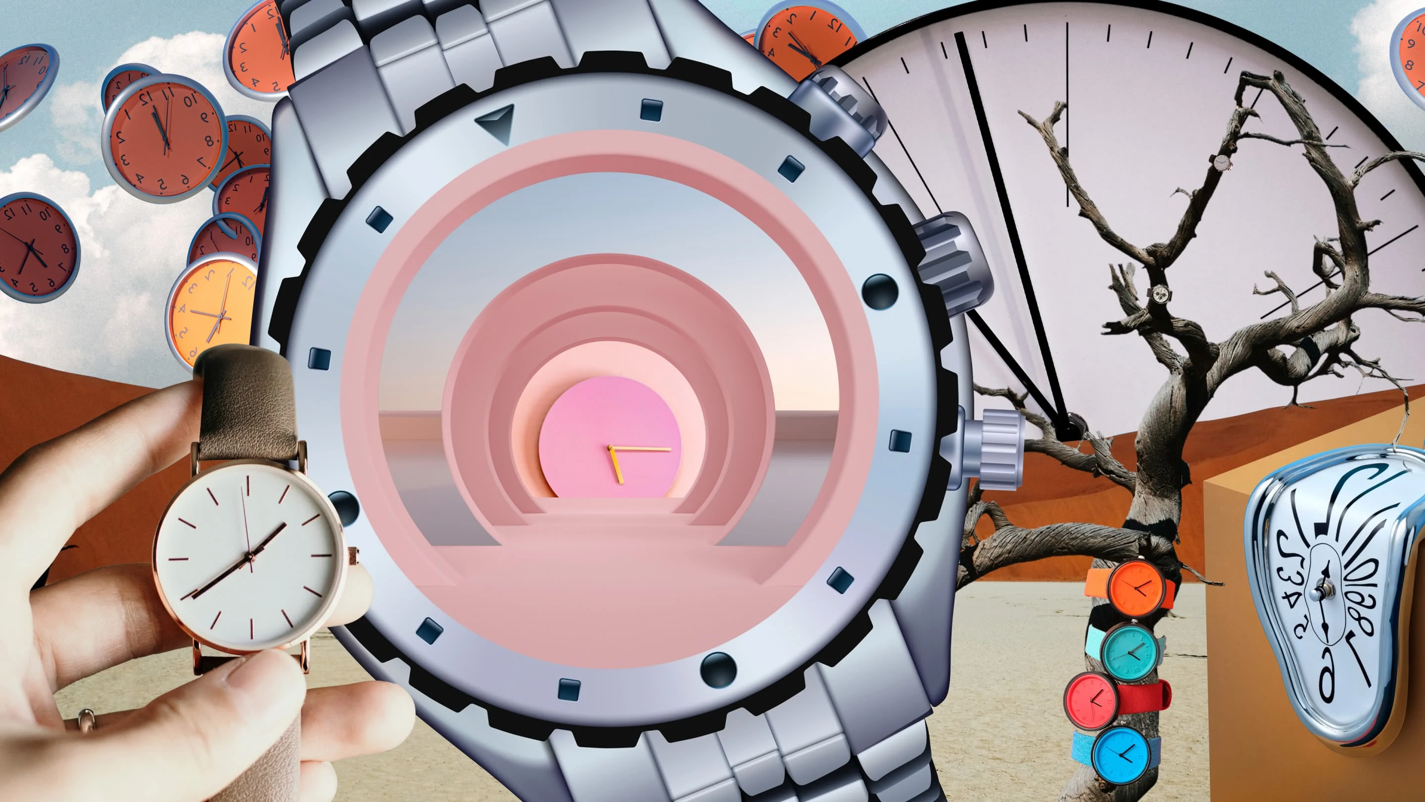 Collage of different clocks and watches. White hand holding a leather wristwatch. Big metal wristwatch in the center. Pink clock with yellow hands. Tree trunk with colorful wrist watches on it. A melting clock.