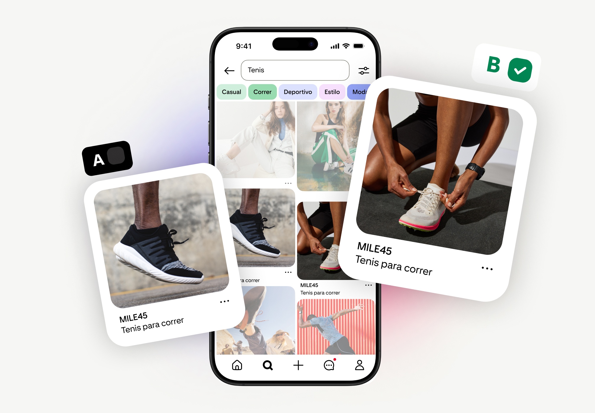Prueba A/B de Pines de tenis para correr MILE45 en Pinterest. El Pin A tenía tenis negros; el Pin B, el ganador, tenía a una persona amarrándose unos tenis blancos. Un celular mostraba resultados de búsqueda en Pinterest de “tenis”.
