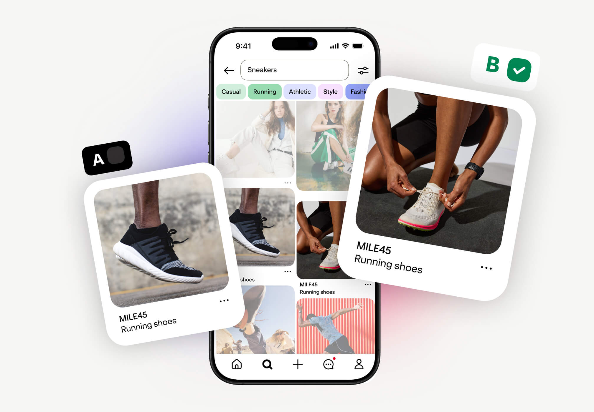 A/B test of MILE45 Running shoes Pins on Pinterest. Pin A shows black sneakers; Pin B, the winner, shows someone lacing white sneakers. A mobile phone displays Pinterest search results for 'Sneakers.'