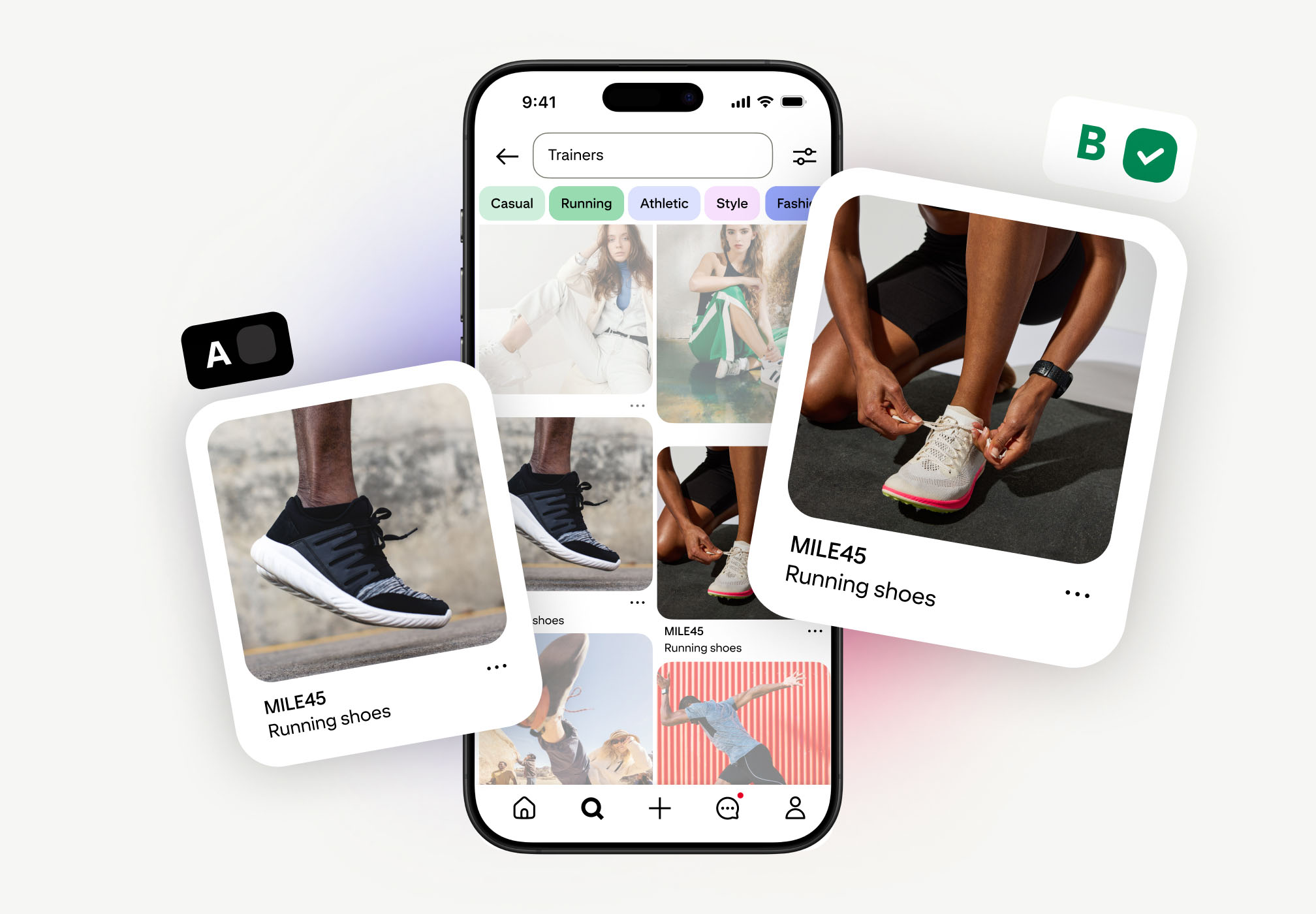A/B test of MILE45 Running shoes Pins on Pinterest. Pin A shows black sneakers; Pin B, the winner, shows someone lacing white sneakers. A mobile phone displays Pinterest search results for 'Trainers.'